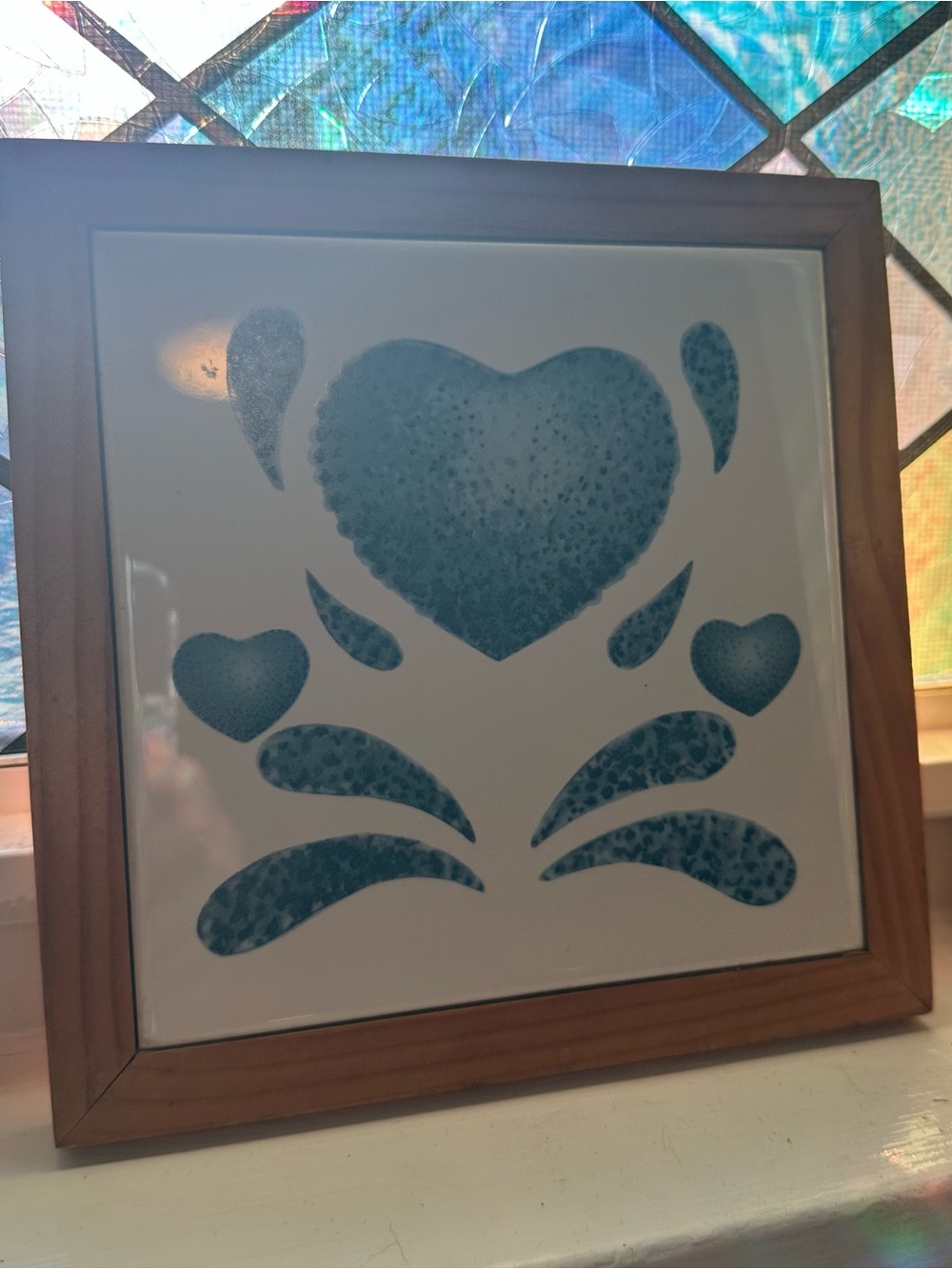 Vintage 90s Corelle Blue Hearts Framed Tile Trivet